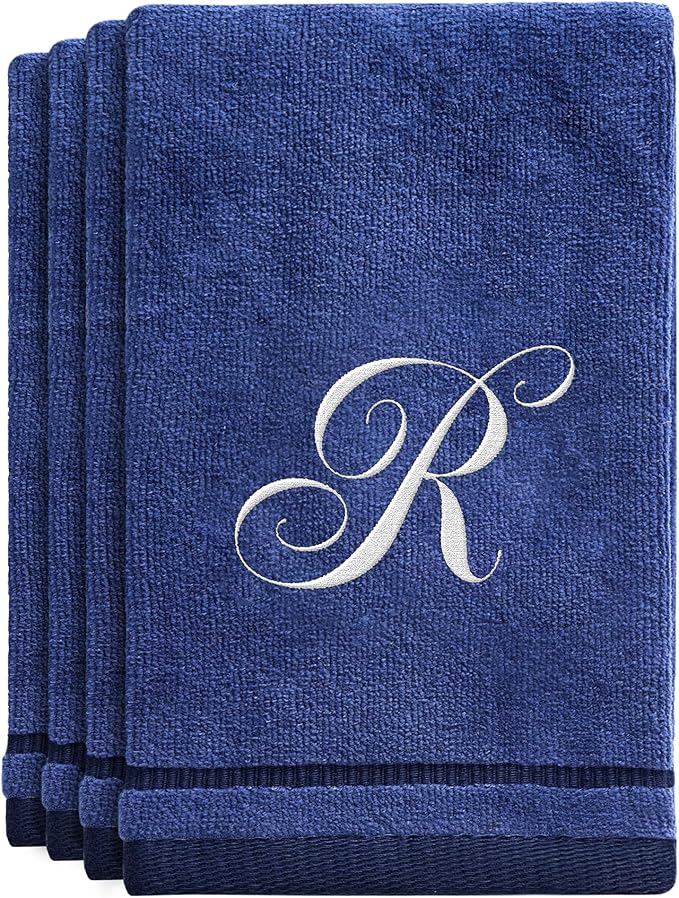 Creative Scents Navy Blue Monogrammed Towels with Initials - 4 Pack Super Absorbent Bathroom Fingertip Cotton Towel with Soft Velour Finish - Personalized Gifts for Freinds & Family 11"x18" Initial R