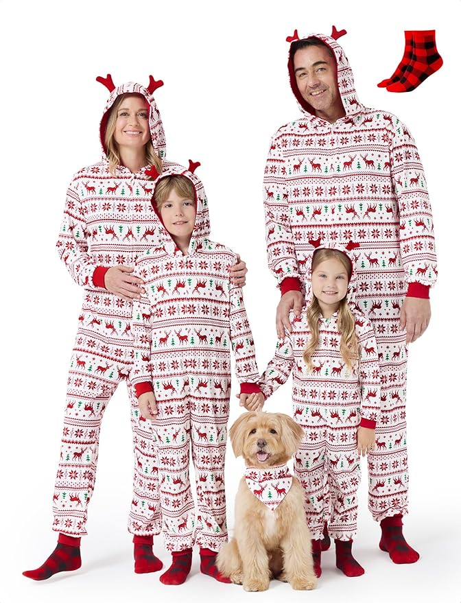 PATPAT Matching Family Christmas Onesie Pajamas – Holiday Hooded Jumpsuit Sleepwear PJs Couples Xmas Loungewear with Socks