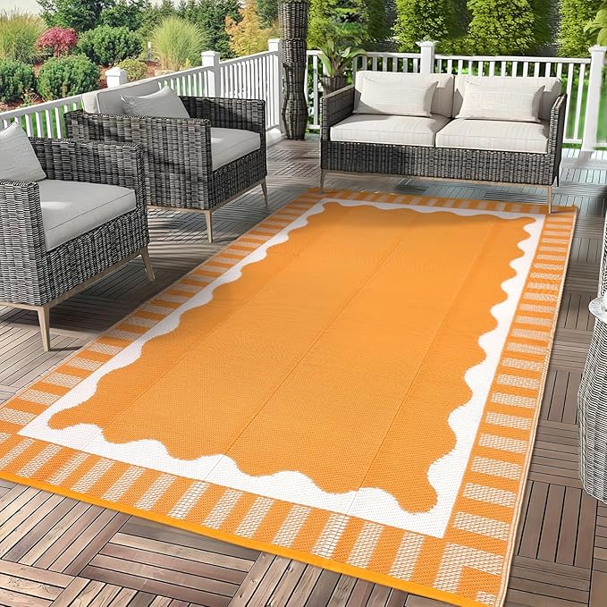 9x12 Outdoor Rug Waterproof Foldable Plastic Straw Carpet for Patio Porch Scalloped Border Reversible Mat Lightweight Floor Mat for Picnic, Backyard, Rv, Beach, Deck, Camper, Balcony，Orange