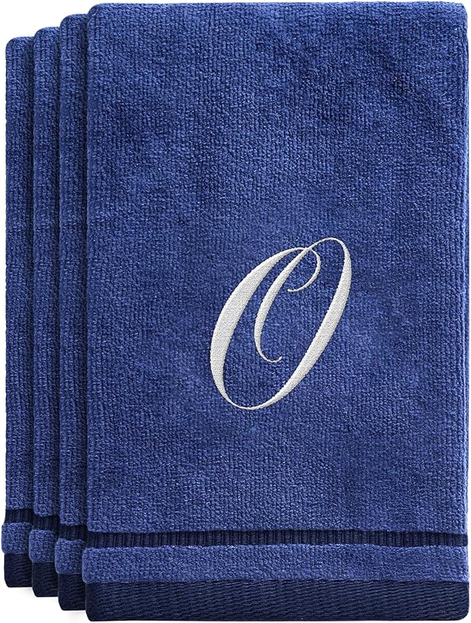 Creative Scents Navy Blue Monogrammed Towels with Initials - 4 Pack Super Absorbent Bathroom Fingertip Cotton Towel with Soft Velour Finish - Personalized Gifts for Freinds & Family 11"x18" Initial O