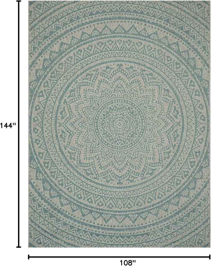 SAFAVIEH Washable Rug Outdoor Courtyard Collection - 9' x 12', Light Grey & Aqua Blue, Non-Shedding & Easy Cleaning, Ideal for Patio, Backyard, Mudroom (CY8734-37112)