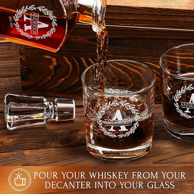 Personalized Whiskey Decanter and Glasses Set - Customized Gift for Him - Fathers Day Gift for Men, Dad, Father, Brother, Son - Engraved Old Fashioned Whiskey Decanter, 4 Glasses in Wooden Gift Box