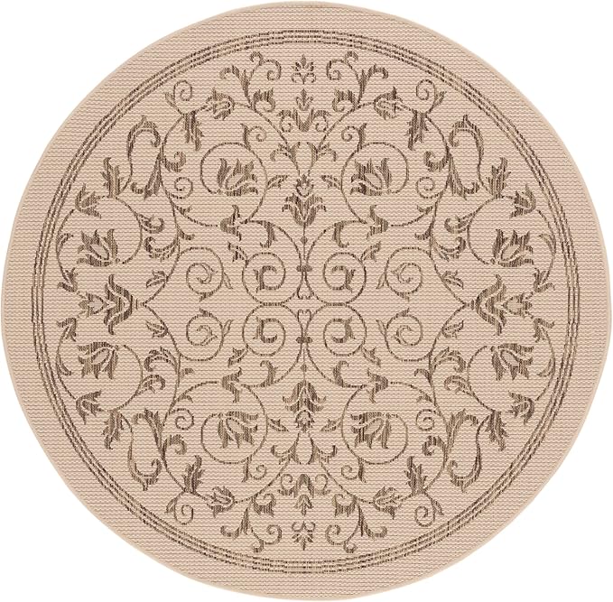 SAFAVIEH Washable Rug Outdoor Courtyard Collection - 5'3" Round, Natural & Brown, Non-Shedding & Easy Cleaning, Ideal for Patio, Backyard, Mudroom (CY2098-3001)