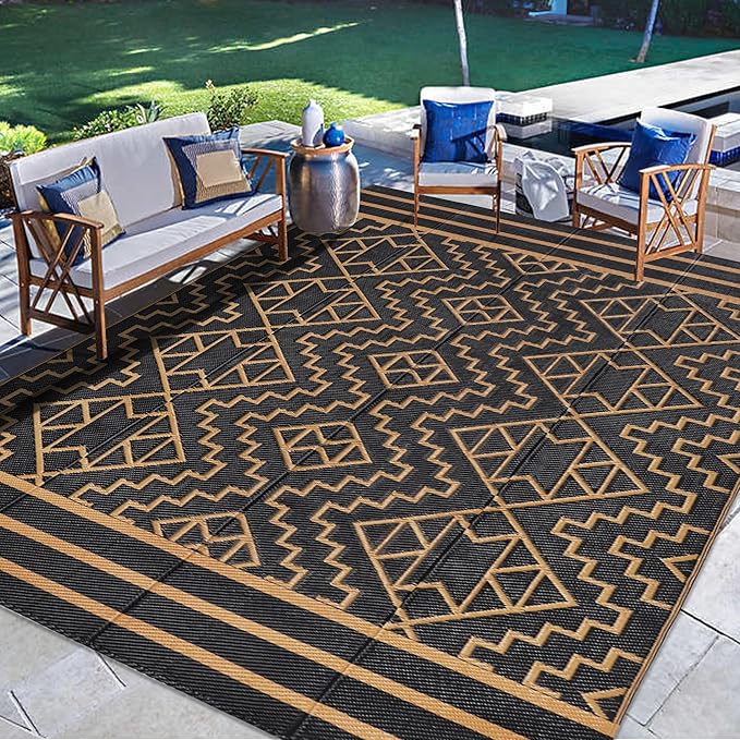 SAND MINE Reversible Mats, Plastic Straw Rug, Modern Area Rug, Large Floor Mat and Rug for Outdoors, RV, Patio, Backyard, Deck, Picnic, Beach, Trailer, Camping (5' x 8', Black & Brown)