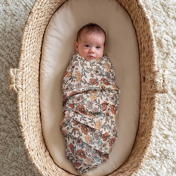 Muslin Swaddle Blankets for Newborn, 4 Pack Organic Cotton Baby Blanket, Large 31.5 x 43.3 inch Breathable Soft Receiving Blanket, Essentials Swaddle Wrap Burping Clothes, Vintage Flowers