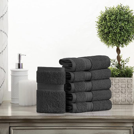 BLUENILEMILLS BNM Egyptian Cotton 6-Piece Towel Set, Includes 6 Face Towels, Attached Loop for Easy Hanging and Storage, Hotel Quality, Perfect for Bathroom, Gym, Shower Space, or Spa, Charcoal