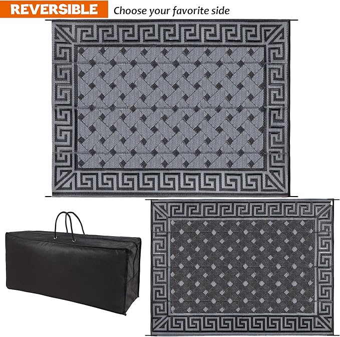 SAND MINE Reversible Mats, Plastic Straw Rug, Modern Area Rug, Large Floor Mat and Rug for Outdoors, RV, Patio, Backyard, Deck, Picnic, Beach, Camping (9' x 12', Black & Grey)