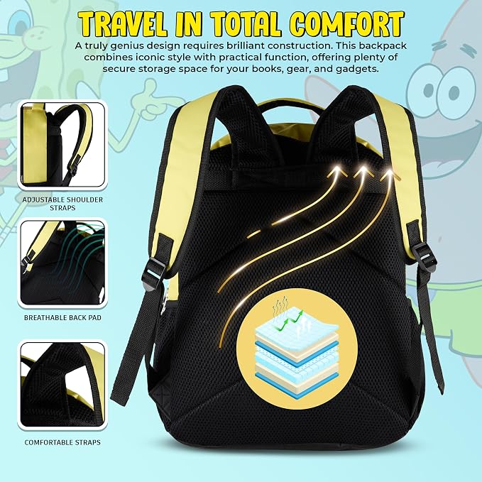 AI ACCESSORY INNOVATIONS SpongeBob Square Pants Backpack for Boys & Girls, 16” Big Face Nylon Twill Bookbag w/Molded Hamburger Patty Dangle, Yellow
