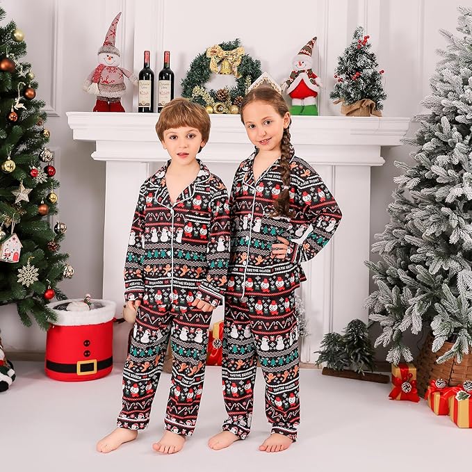 ANGELGGH Family Christmas PJs Matching Sets 2 Pcs Festival Party Pajamas Holiday Warm Sleepwear Couples Button Loungewear