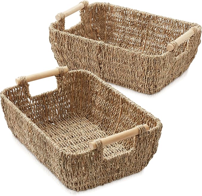 Casafield Set of 2 Seagrass Oval Storage Baskets with Wooden Handles - Medium, Woven Bin Organizers