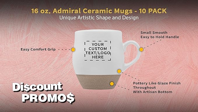 DISCOUNT PROMOS 10 Admiral Ceramic Mugs Set, 16 oz. - Customizable Text, Logo - Stoneware, Drinkware, Coffee, C-handle - White