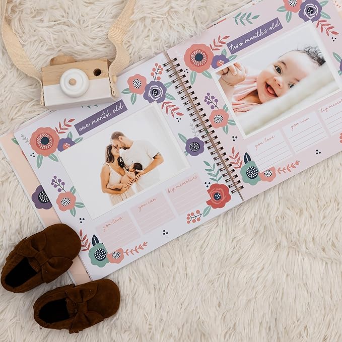 Baby Memory Book Girl - Keepsake Journal and Scrapbook Photo Album for Girls First 5 Years, Baby Milestones, Floral, Hardcover