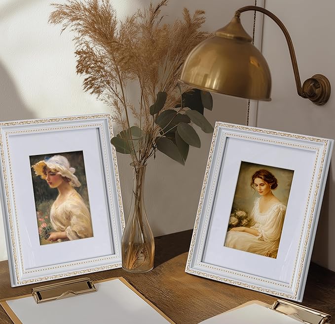 eletecpro 8x10 Picture Frames Set of 4, Vintage 8 x 10 Photo Frames with Glass, Display 5x7 Photo with Mat or 8x10 without Mat for Tabletop or Wall Decor, White