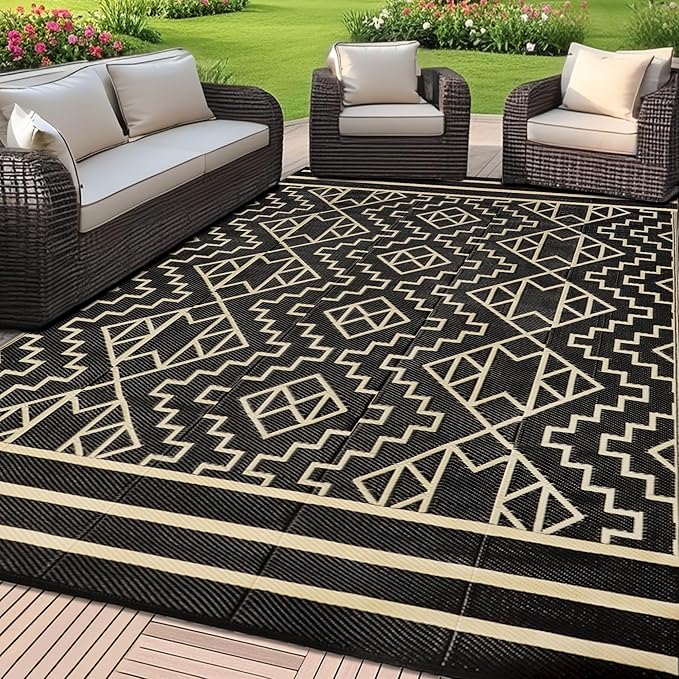 SAND MINE Reversible Mats, Plastic Straw Rug, Modern Area Rug, Large Floor Mat and Rug for Outdoors, RV, Patio, Backyard, Deck, Picnic, Beach, Trailer, Camping (6' x 9', Black & Beige)