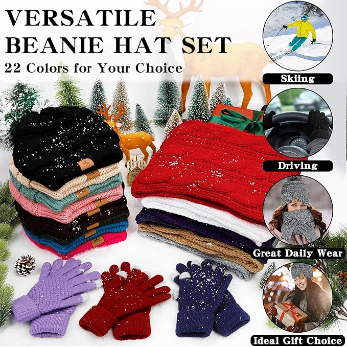 Winter Beanie Hat Scarf Gloves, Warm Fleece Knit Hats Touch Screen Gloves Neck Scarf Set Winter Gifts for Unisex Adult