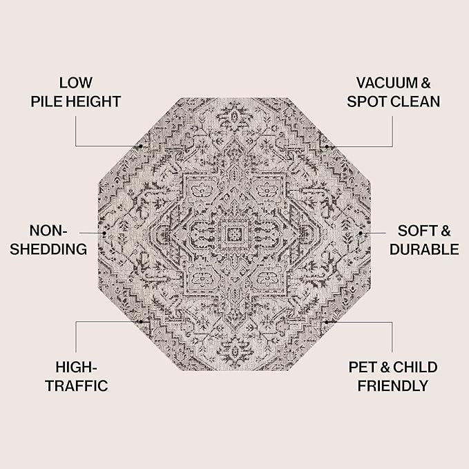 JONATHAN Y Boho Medallion Indoor Outdoor Octagon Area Rug 8 Ft Black/Gray, Estrella Textured Weave for Backyard, Patio, Porch, Easy-Cleaning, High Traffic, Pet-Friendly, Non-Shedding (SMB105D-8TGN)