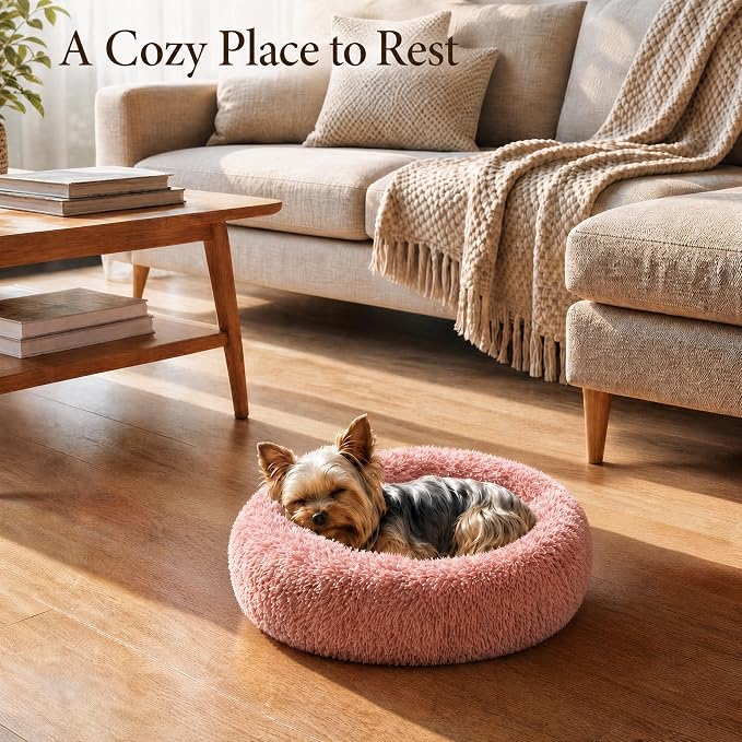 Calming Donut Small Dog Bed for Chihuahua Yorkie Maltese Shih Tzu | 19 Inch Washable Puppy Bed,Ultra Soft Faux Fur Round Dog Bed,Pink