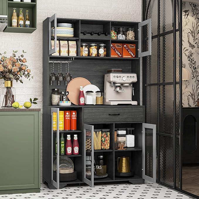 71" Tall Pantry Cabinet, Coffee Bar Storage Cabinet with Charging Station & LED Lights, Kitchen Hutch Food Pantry Cabinet with Wine Rack, Large Drawer, Adjustable Shelves & Microwave Stand, Grey