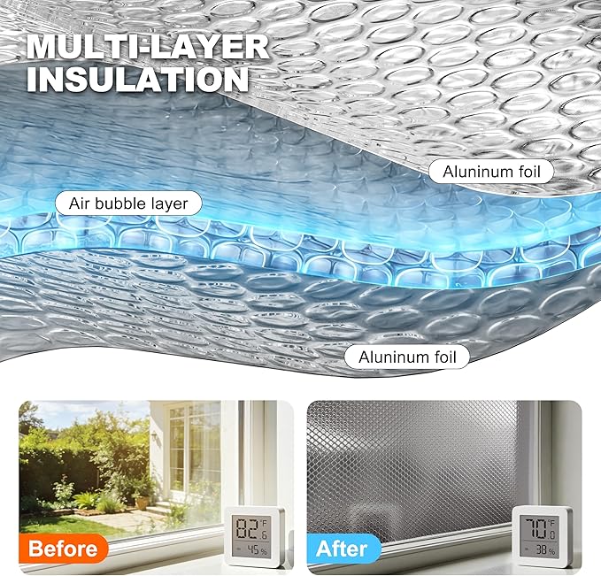 Reflective Insulation Foam,48" x 10 Ft Window Insulation for Summer Heat,Aluminum Foil Bubble Insulation Roll for Keep Heat,Window Insulation Kit for RV, Thermal Insulation Cover for Window.