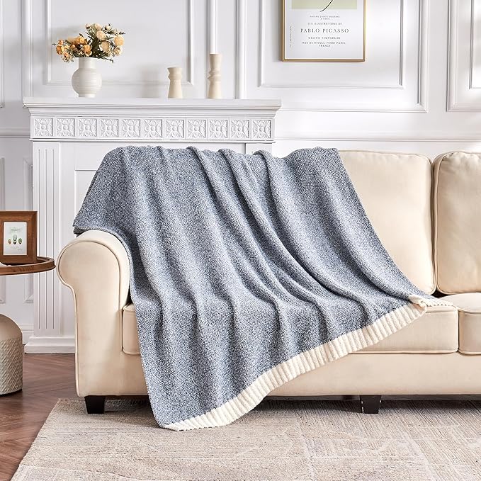 CozeCube Super Soft Fullfy Microfiber Reversible Knitted Blankets, Warm Cozy Fuzzy Plush Throw, Dusty Blue and White Melange Throw Blanket for Couch Bed Sofa, 50" x 60"