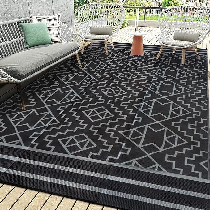 SAND MINE Reversible Mats, Plastic Straw Rug, Modern Area Rug, Large Floor Mat and Rug for Outdoors, RV, Patio, Backyard, Deck, Picnic, Beach, Trailer, Camping (9' x 18', Black & Grey)