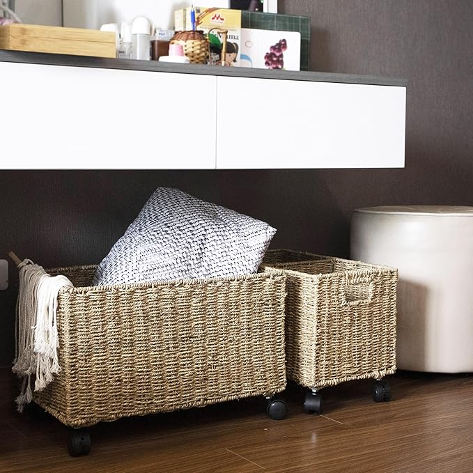 PEMAR Set 2 Nesting Natural Wicker Rolling Storage Baskets on Wheels w Insert Handles, Under Table Under Desk Woven Storage Bins, Mobile File Cabinet Organiser (Seagrass, Sizes M, L Nesting)
