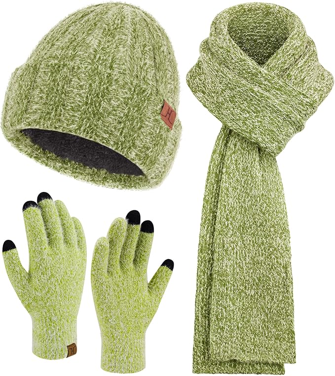 Womens Winter Warm Knit Beanie Hat Touchscreen Gloves Long Neck Scarf Set with Fleece Lined Skull Caps Gifts for Women