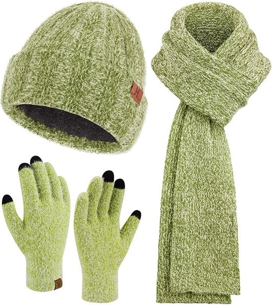 Womens Winter Warm Knit Beanie Hat Touchscreen Gloves Long Neck Scarf Set with Fleece Lined Skull Caps Gifts for Women
