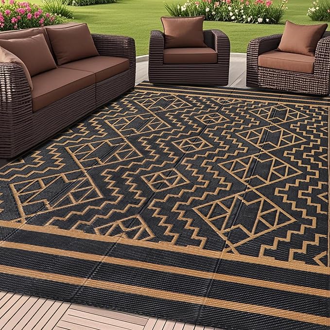SAND MINE Reversible Mats, Plastic Straw Rug, Modern Area Rug, Large Floor Mat and Rug for Outdoors, RV, Patio, Backyard, Deck, Picnic, Beach, Trailer, Camping (5' x 8', Black & Brown)