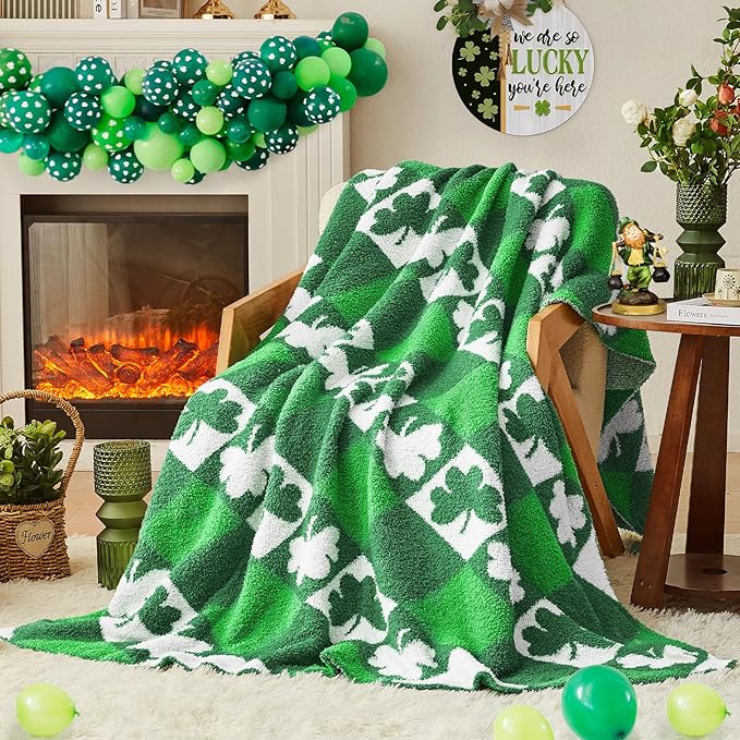 CYMULA St. Patrick's Day Knit Throw Blanket - Super Soft Lightweight Plush Shamrock Clover Blanket for Couch, Bed, Sofa, 50 x 60 Inches, Irish Green