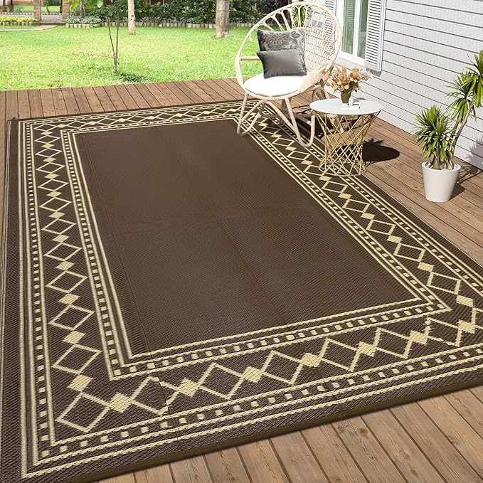 9x18 Large Outdoor Rug,Modern Bordered Plastic Straw Carpet,Waterproof Lightweight Outdoor Carpet,Easy Cleaning Folding Uv Resistant Picnic Camping Mat,Brown/Coffee