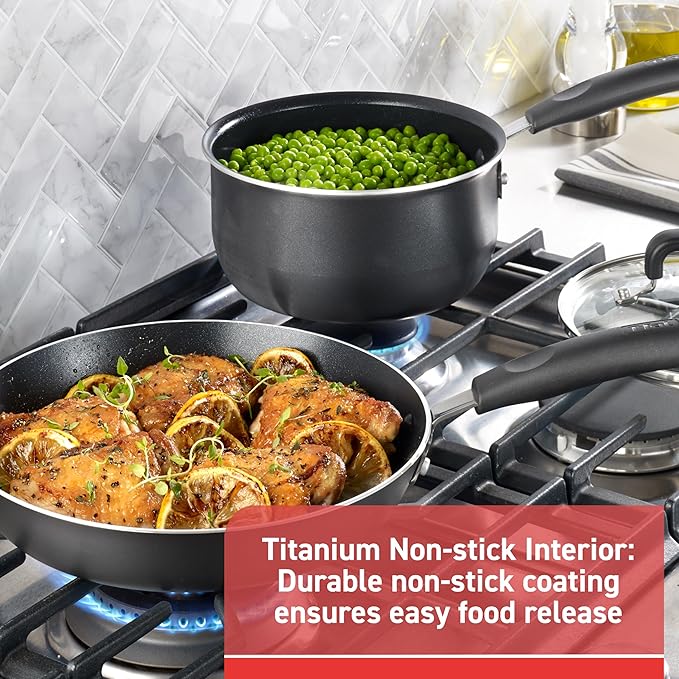 T-fal Signature Nonstick Cookware Set 12 Piece, Oven Broiler Safe 350F, Pots and Pans, Kitchen Cooking Set w/Fry Pans, Saucepans, Saute Pan, Dutch Oven, Griddle, Kitchen, Home, Dishwasher Safe, Black