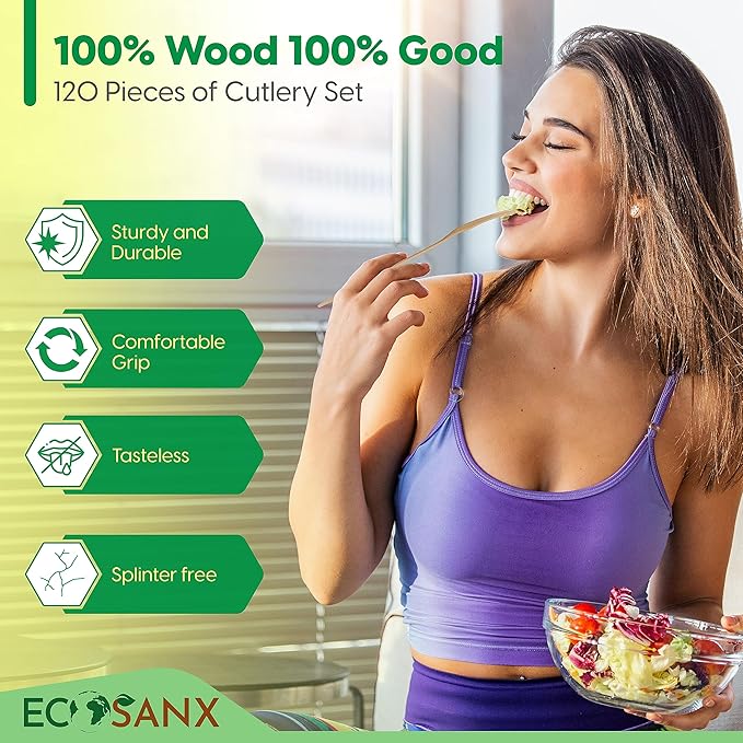 ECOSANX® 120 PCs Disposable Wooden Cutlery set 6.5" Splinter Free Compostable Utensils for party, Eco-Friendly, 100% All-Natural Bamboo Utensils set for picnic, Bamboo cutlery set for Events & More