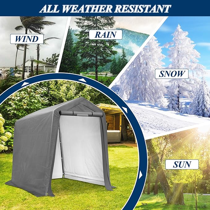 COVERONICS 6' x 7' Outdoor Storage Shed - Heavy Duty Portable Shelter Carport with Ventilation Windows and Roll-up Doors, Storage Shelter Tent for Motorcycle, Bike, Lawnmower and Garden Tools, Grey