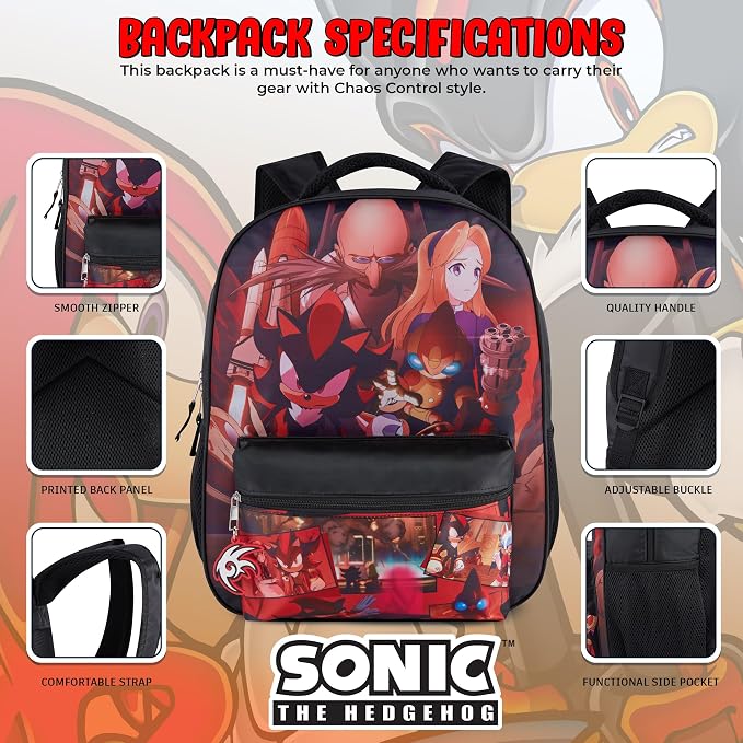 AI ACCESSORY INNOVATIONS Sonic X Shadow Generations Dark Beginnings Backpack for Girls & Boys, 16" Black Bookbag with Molded Shadow Dangle, Sublimation Print