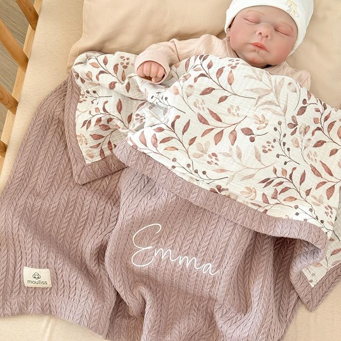 Personalized Baby Blanket with Name – Handmade 100% Organic Cotton Newborn Gift | Custom Knit Blanket for Boys, Girls, Kids & Baby Showers