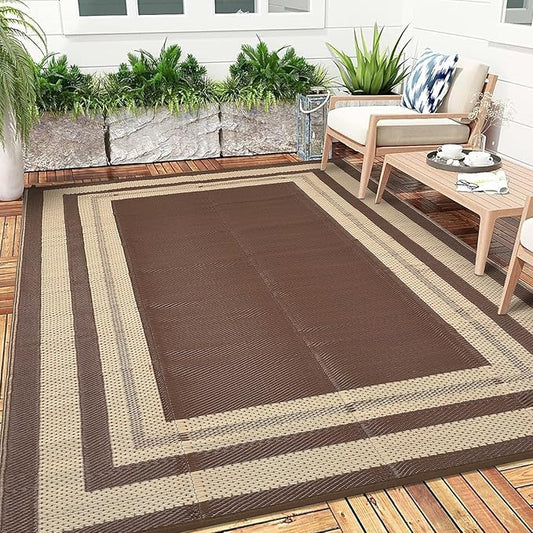 9x12 Outdoor Rug Waterproof Foldable Plastic Straw Carpet for Patio Porch Modern Border Reversible Mat Lightweight Floor Mat for Picnic, Backyard, Rv, Beach, Deck, Camper, Balcony，Brown