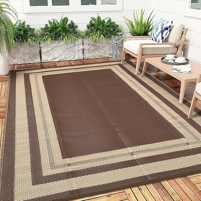 Waterproof Plastic Straw Outdoor Rug 9x18 Patio Reversible UV Resistant Foldable Camping Carpet Modern Border Large Outdoor Rugs for Deck, Picnic, Porch, Camper, Balcony, Beach，Brown