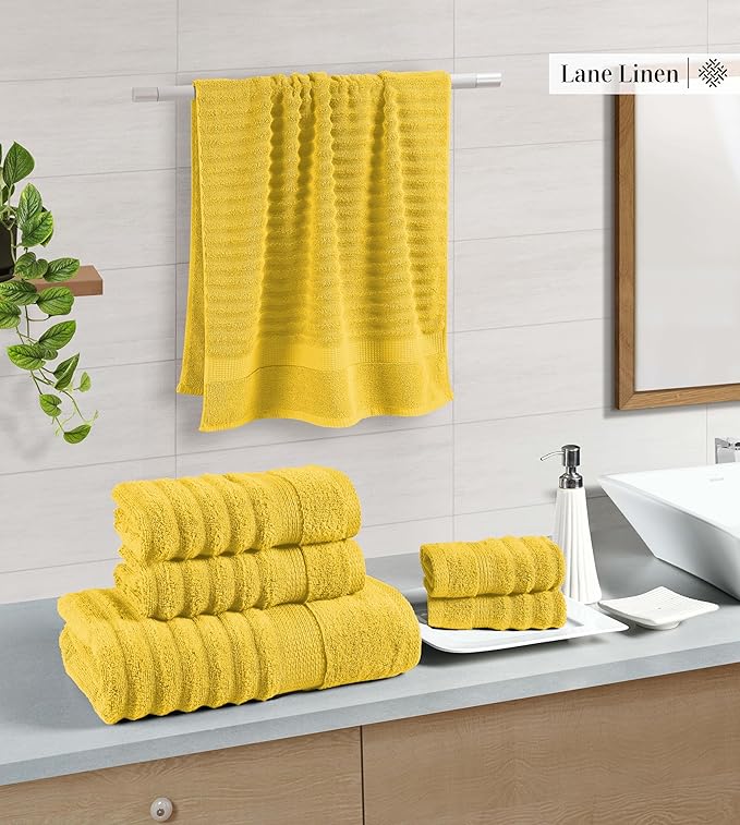 LANE LINEN Bath Towel Set - Soft and Absorbent, Ribbed, 100% Cotton Towels for Bathroom, Hotel, Body & Spa - 2 Bath Towels Large Size, 2 Bathroom Hand Towel and 2 Wash Cloths (6 Piece Set) - Mimosa