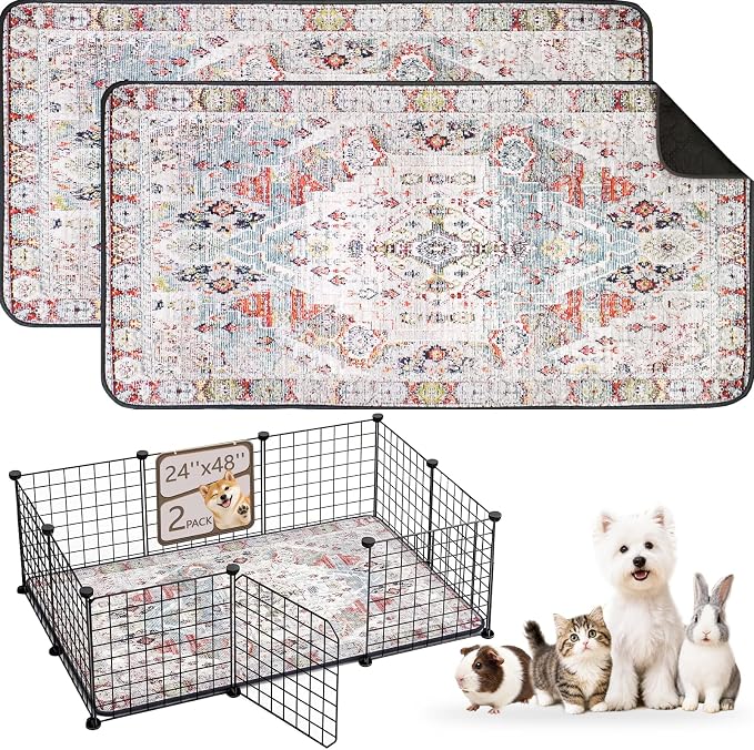 Washable Guinea Pig Pee Pads,Reusable Guinea Pig Cage Liner 2 Pack | Waterproof, Leak-Proof, Absorbent & Non-Slip, 24"x48" Bedding Potty Training Mat for Small Animal Rabbit Bunny Hamster Rat