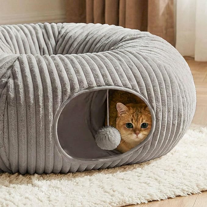 Cat Tunnel Bed for Indoor Cats, Peekaboo Cat Cave Bed, Grey | Soft Cat Donut Tunnel for Kitten Large Cats, Cat Gifts