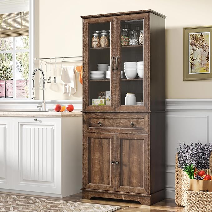 Fatmok 72" Tall Kitchen Pantry Storage Cabinet with Glass Door,Kitchen Hutch Cabinet with 4 Door & 1 Drawer, Farmhouse Food Pantry for Living Room, Dining Room, Office, Brown