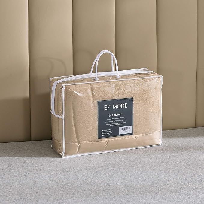 EP Mode Luxury Mulberry Silk Blanket with Silk Charmeuse Border (Rugby Tan, Twin 66" x 88")