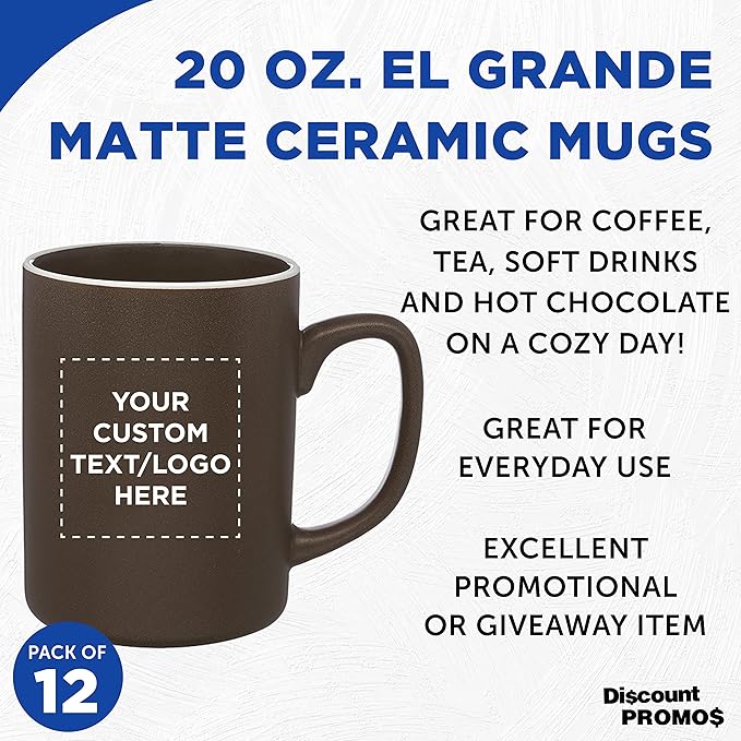 Custom El Grande Matte Ceramic Mugs 20 oz. Set of 12, Personalized Bulk Pack - Perfect for Tea, Espresso, Cappuccino, Hot Cocoa - Dark Brown