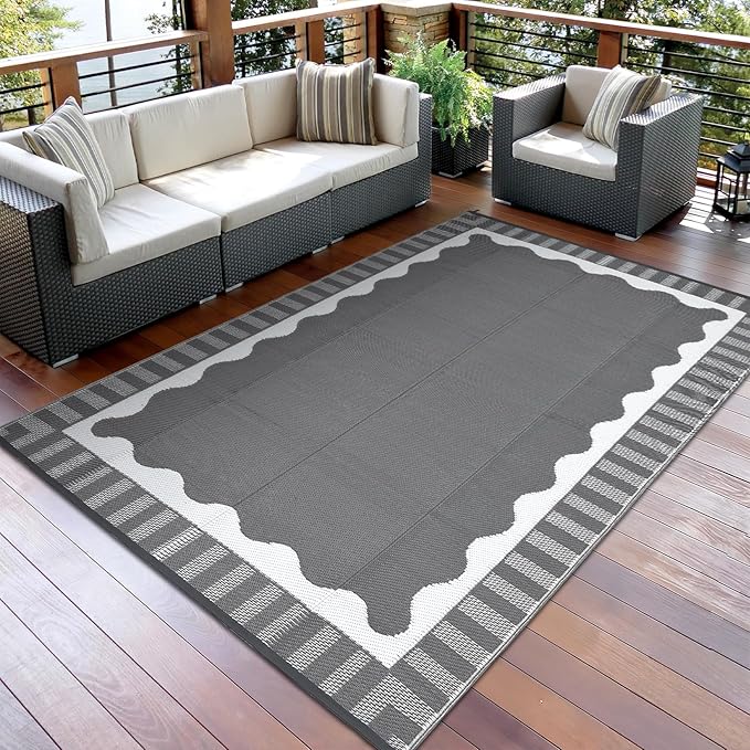 Outdoor Rug 8x10 Waterproof Patio Rugs Scalloped Border Reversible Mat for Front Door Rv Foldable Plastic Straw Carpet for Travel Trailers, Deck, Picnic, Porch, Camper, Balcony, Beach，Grey