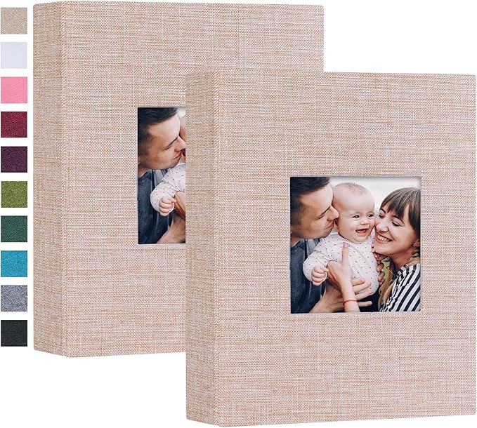 Mublalbum 2 Pack Small 4x6 Photo Album Linen Cover with Display Window Mini Picture Book Each Holds 52 Vertical Pockets for Artwork Postcards or Pictures Storage (Beige)