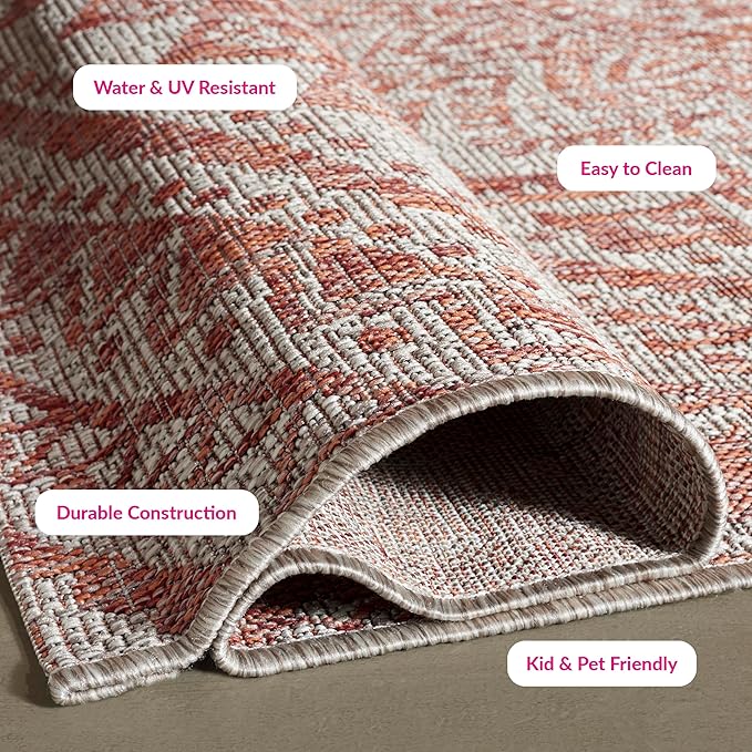 SAFAVIEH Washable Rug Outdoor Courtyard Collection - 2'7" x 5', Light Beige & Terracotta, Non-Shedding & Easy Cleaning, Ideal for Patio, Backyard, Mudroom (CY8734-36512)