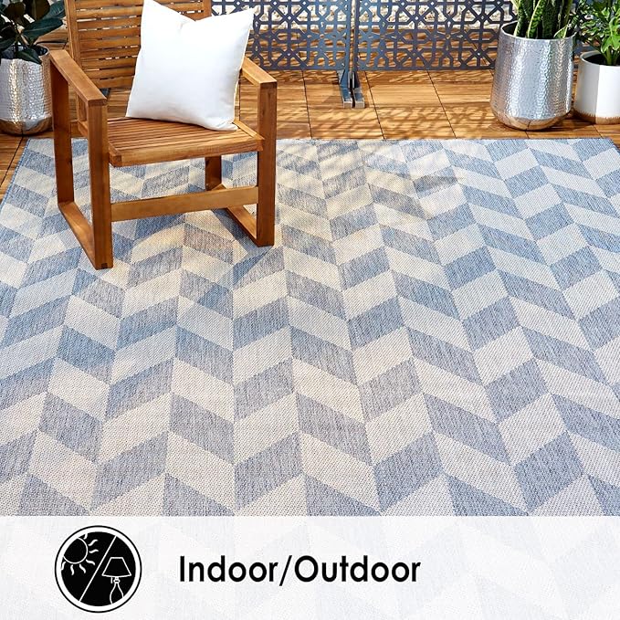 Nicole Miller New York Patio Country Calla Contemporary Herringbone Indoor/Outdoor Area Rug, Blue/Grey, 1'9"x2'11"