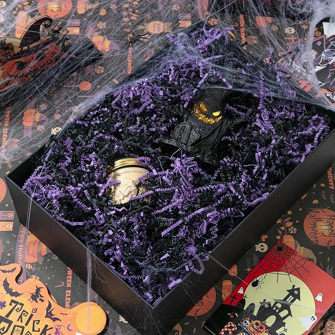 Mefleet 1/2 LB Halloween Crinkle Cut Paper Shred Filler 8 oz Purple & Black Crinkle Shredded Paper for Gift Basket - Gift Box Bag Filler - Grass Cushion Stuffing for Halloween Packaging Wrapping