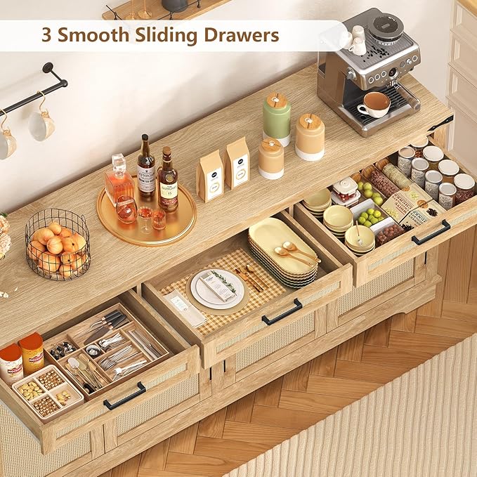 usikey 61” Large Buffet Cabinet with Storage, Sideboard Cabinet with 4 Doors and 3 Drawers, Farmhouse Buffet Table, Dining Room Storage Cabinet for Kitchen or Living Room, Natural